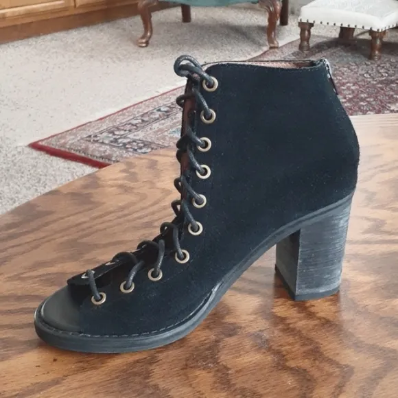 Jeffrey Campbell Cors Black Suede Whimsigoth Lace-Up Peep Toe Heeled Boots