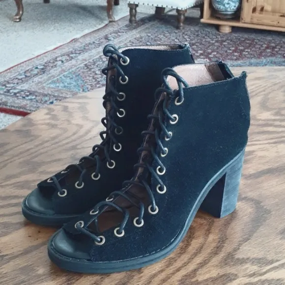 Jeffrey Campbell Cors Black Suede Whimsigoth Lace-Up Peep Toe Heeled Boots