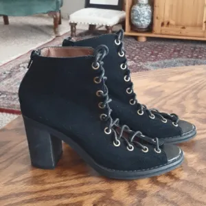 Jeffrey Campbell Cors Black Suede Whimsigoth Lace-Up Peep Toe Heeled Boots