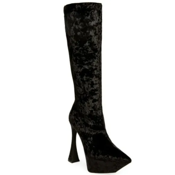 Jeffrey Campbell Shego Black Crushed Velvet Knee High Platform Boots size 6