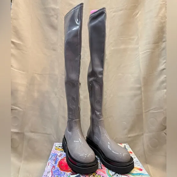 Jeffrey Campbell Women's Tanked Platform Over the Knee Patent Boots in Grey