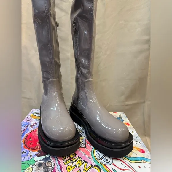 Jeffrey Campbell Women's Tanked Platform Over the Knee Patent Boots in Grey