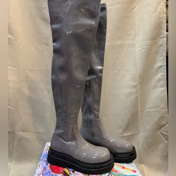 Jeffrey Campbell Women's Tanked Platform Over the Knee Patent Boots in Grey