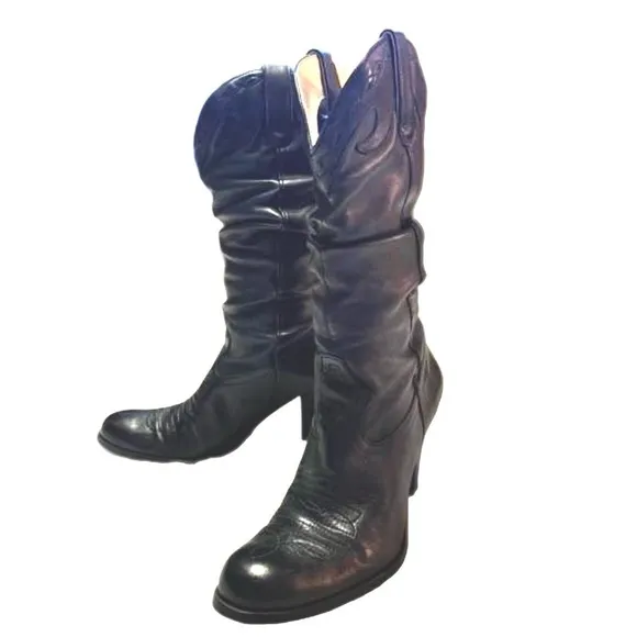Jessica Simpson Daisy Black Leather Cowgirl Boots Size 7.5 Slouchy Almond Toe