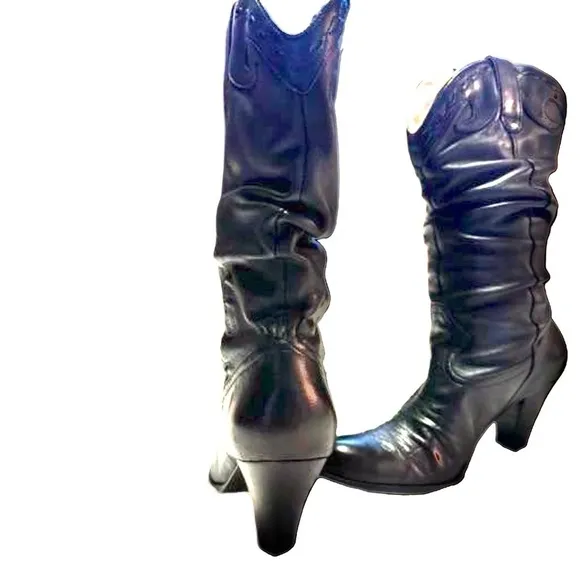 Jessica Simpson Daisy Black Leather Cowgirl Boots Size 7.5 Slouchy Almond Toe