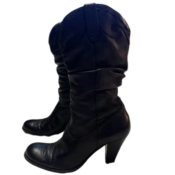 Jessica Simpson Daisy Black Leather Cowgirl Boots Size 7.5 Slouchy Almond Toe