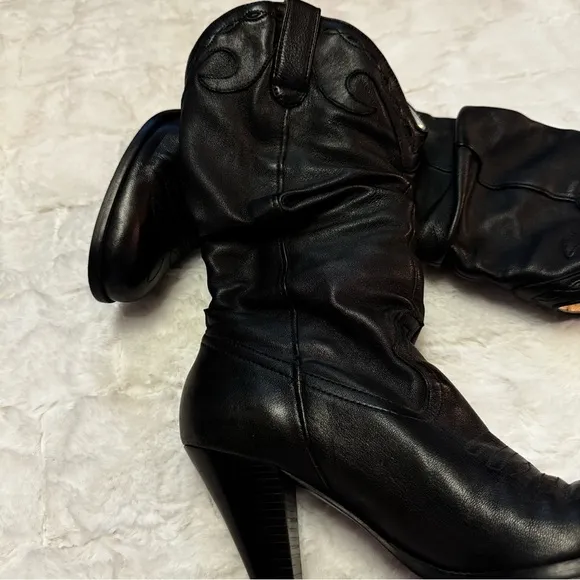 Jessica Simpson Daisy Black Leather Cowgirl Boots Size 7.5 Slouchy Almond Toe