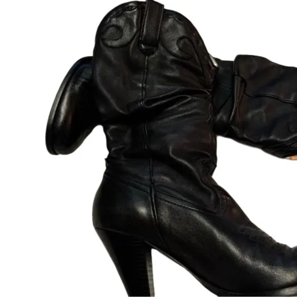 Jessica Simpson Daisy Black Leather Cowgirl Boots Size 7.5 Slouchy Almond Toe