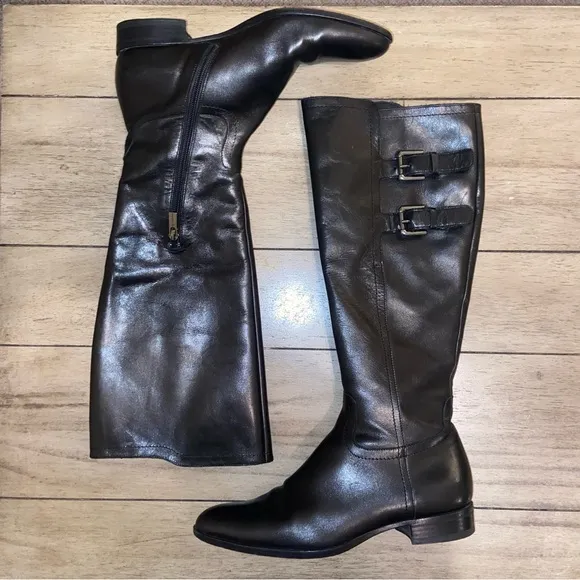 Jil Sander Black Leather Riding Boots with Silver Buckles