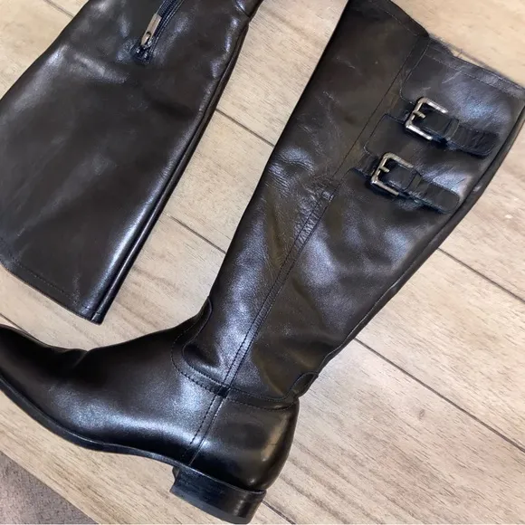 Jil Sander Black Leather Riding Boots with Silver Buckles