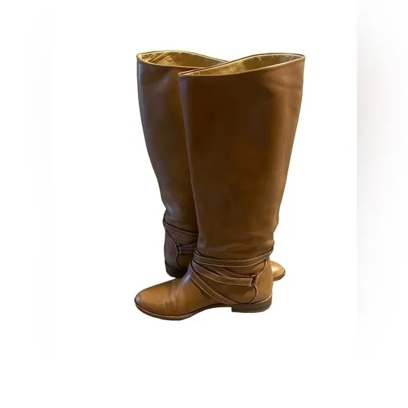Joan &amp; David Brown Camel Soft Leather Riding Boots Strappy Handmade Italy Sz 6?
