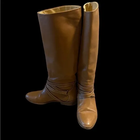 Joan &amp; David Brown Camel Soft Leather Riding Boots Strappy Handmade Italy Sz 6?