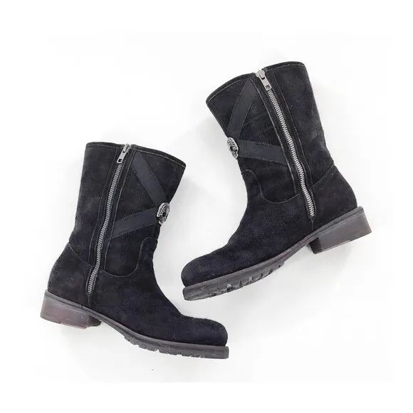 JOHN RICHMOND Beaded Scull Studded Suede Mid-Calf Boots