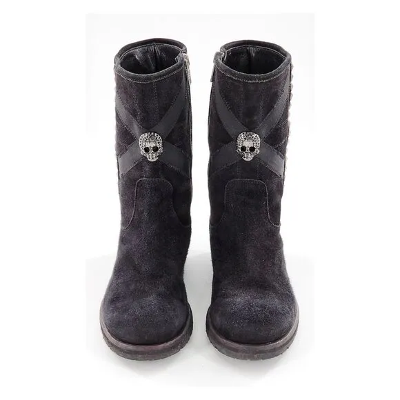 JOHN RICHMOND Beaded Scull Studded Suede Mid-Calf Boots