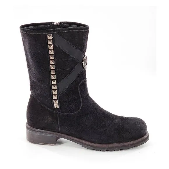 JOHN RICHMOND Beaded Scull Studded Suede Mid-Calf Boots