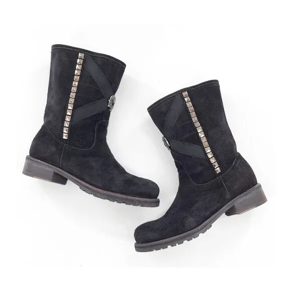 JOHN RICHMOND Beaded Scull Studded Suede Mid-Calf Boots