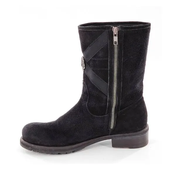 JOHN RICHMOND Beaded Scull Studded Suede Mid-Calf Boots