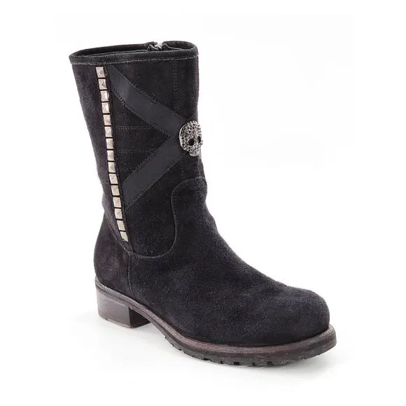 JOHN RICHMOND Beaded Scull Studded Suede Mid-Calf Boots