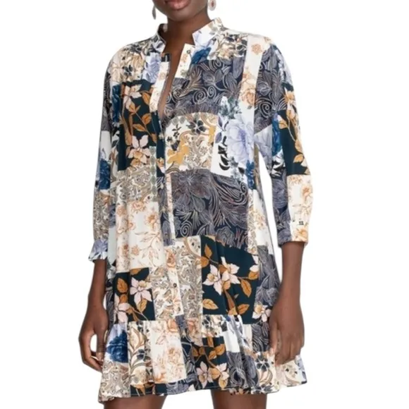 Johnny Was Jade Luna 100% Silk Floral Patchwork Dress