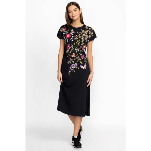 Johnny Was Osaka Black Embroidered Midi Dress NWT XL