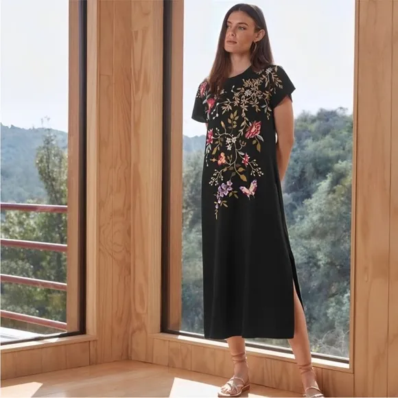Johnny Was Osaka Black Embroidered Midi Dress NWT XL