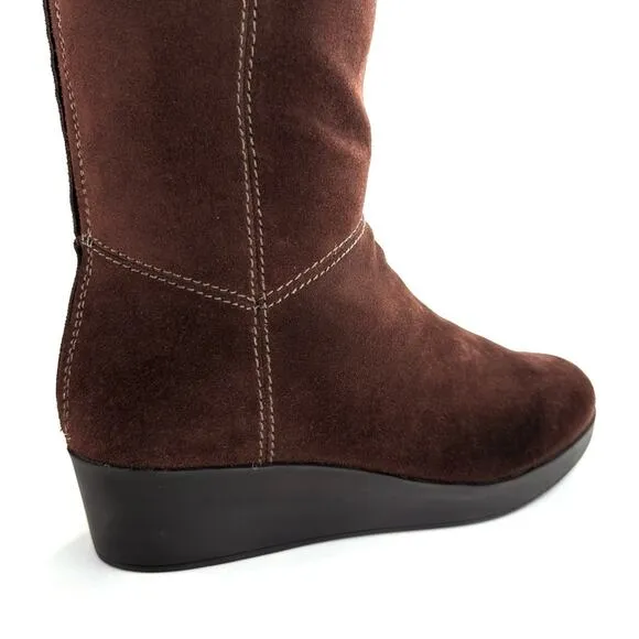 JOHNSTON &amp; MURPHY “DARCY” BROWN/CHESTNUT WATERPROOF SUEDE WEDGE TALL BOOTS