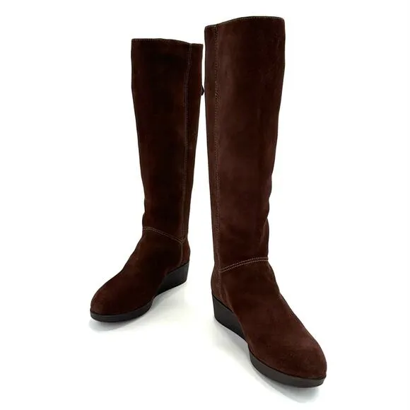 JOHNSTON &amp; MURPHY “DARCY” BROWN/CHESTNUT WATERPROOF SUEDE WEDGE TALL BOOTS