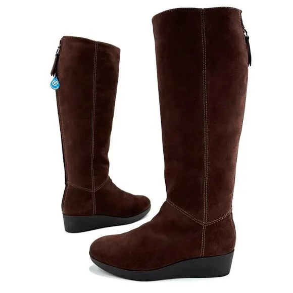 JOHNSTON &amp; MURPHY “DARCY” BROWN/CHESTNUT WATERPROOF SUEDE WEDGE TALL BOOTS