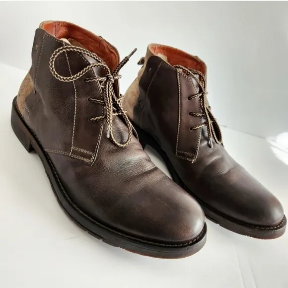 Johnston &amp; Murphy Smooth Brown Leather Lace-Up Boots With Suede Heels, Size 10.5