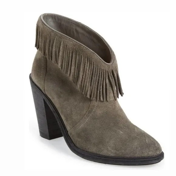 Joie Loren Fringe Gray Suede Chunky Heel Booties Size 38 Western Boho