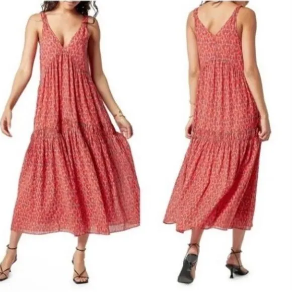 Joie Women’s Tea Rose Leopard Print Sleeveless Cotton Tiered Maxi Dress Large