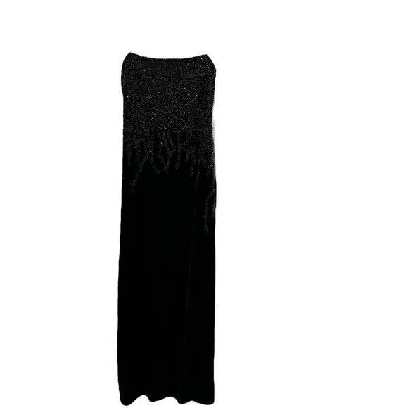 JS Boutique Black Velvet Maxi Dress Spaghetti Straps Beadwork Elegant Detail