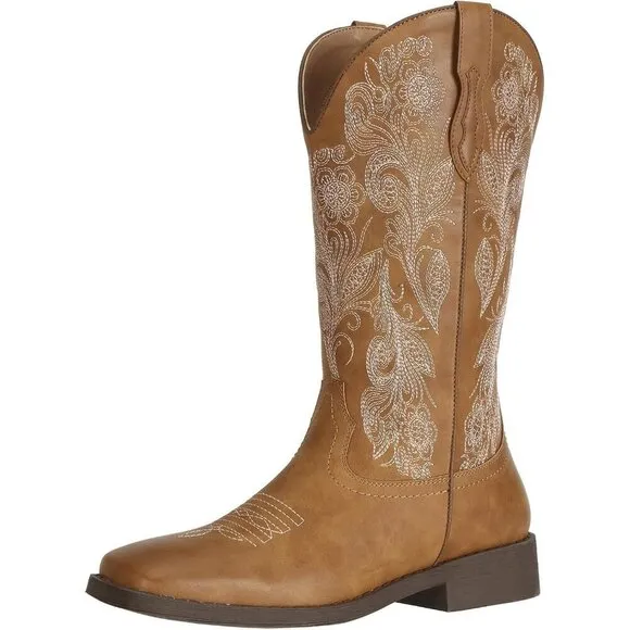 J's.o.l.e Cowboy Boots Women Tan Faux Leather Floral Embroidered Fashion Boots