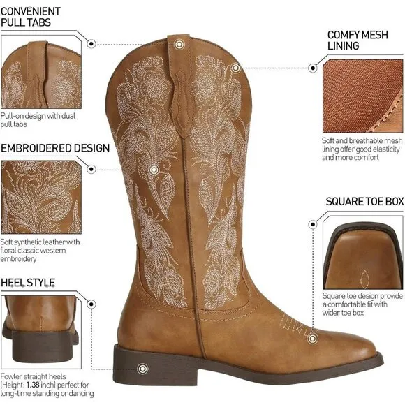 J's.o.l.e Cowboy Boots Women Tan Faux Leather Floral Embroidered Fashion Boots