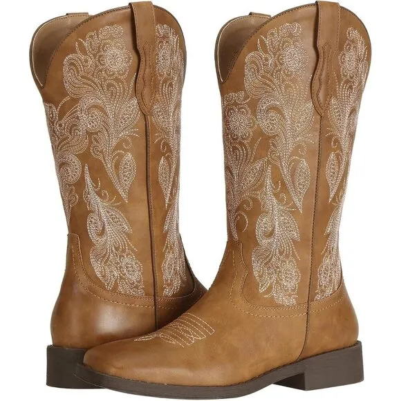 J's.o.l.e Cowboy Boots Women Tan Faux Leather Floral Embroidered Fashion Boots