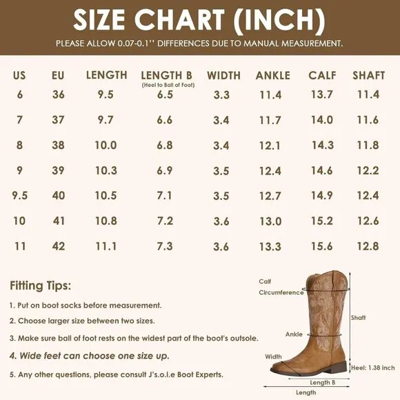 J's.o.l.e Cowboy Boots Women Tan Faux Leather Floral Embroidered Fashion Boots