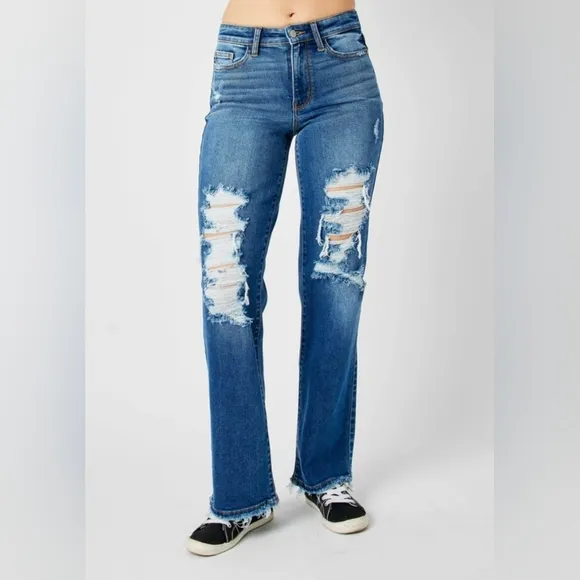 Judy Blue Full Size Mid Rise Distressed Raw Hem Jeans