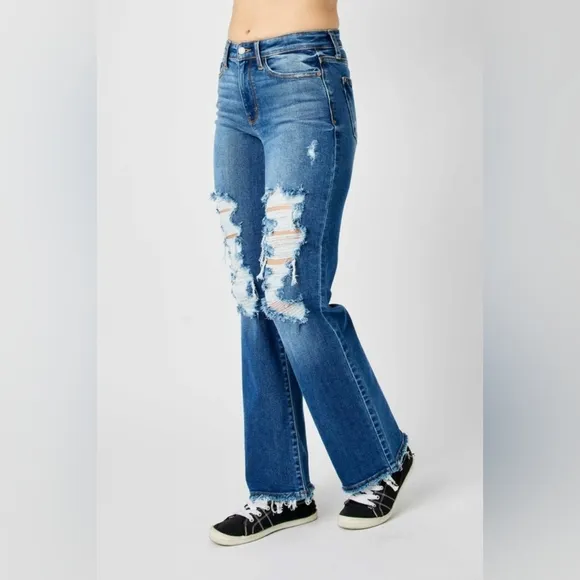 Judy Blue Full Size Mid Rise Distressed Raw Hem Jeans