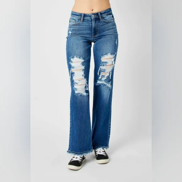 Judy Blue Full Size Mid Rise Distressed Raw Hem Jeans