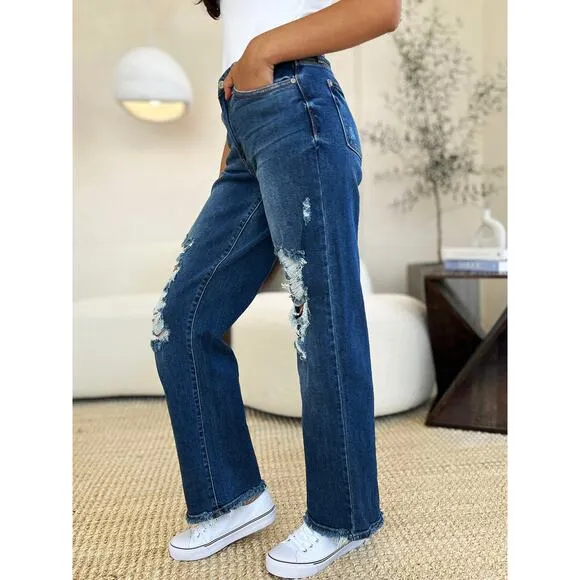 Judy Blue Full Size Mid Rise Distressed Raw Hem Medium Wash Denim Jeans