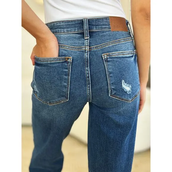 Judy Blue Full Size Mid Rise Distressed Raw Hem Medium Wash Denim Jeans