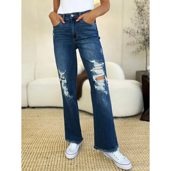 Judy Blue Full Size Mid Rise Distressed Raw Hem Medium Wash Denim Jeans