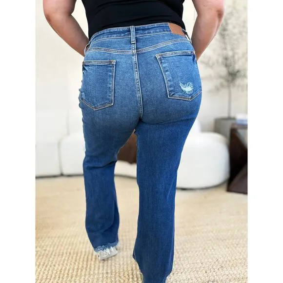 Judy Blue Full Size Mid Rise Distressed Raw Hem Medium Wash Denim Jeans