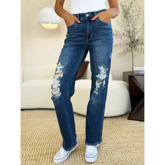 Judy Blue Full Size Mid Rise Distressed Raw Hem Medium Wash Denim Jeans