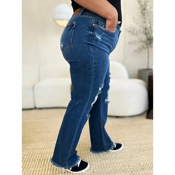 Judy Blue Full Size Mid Rise Distressed Raw Hem Medium Wash Denim Jeans