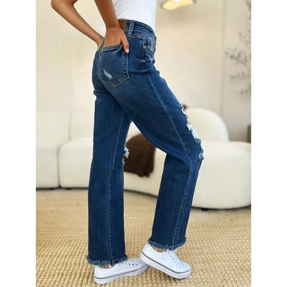 Judy Blue Full Size Mid Rise Distressed Raw Hem Medium Wash Denim Jeans