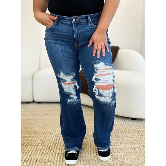 Judy Blue Full Size Mid Rise Distressed Raw Hem Medium Wash Denim Jeans