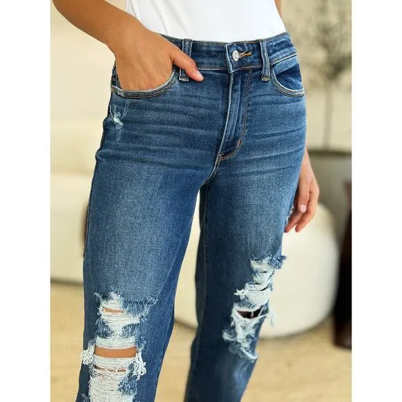 Judy Blue Full Size Mid Rise Distressed Raw Hem Medium Wash Denim Jeans