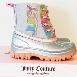 Juicy Couture Lil Quinto Drive Toddler Silver &amp; Rainbow Glitter Snow Duck Boots