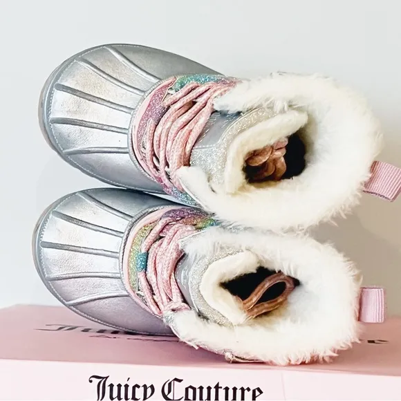 Juicy Couture Lil Quinto Drive Toddler Silver &amp; Rainbow Glitter Snow Duck Boots